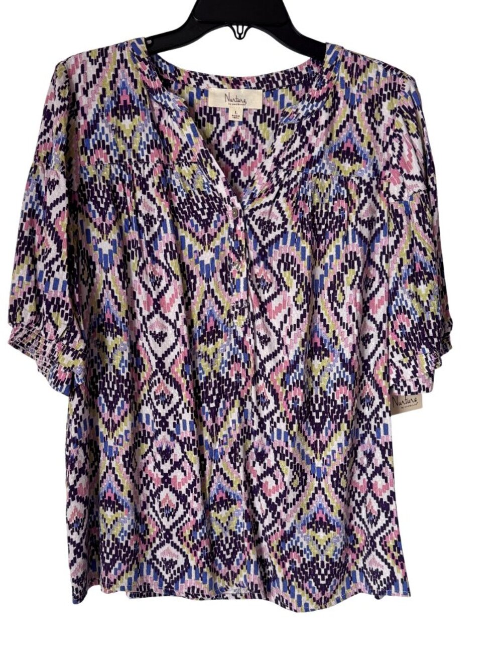 Nurture Westbound Blouse Boho Ikat Women Size L Multicolor Smocked Rayon